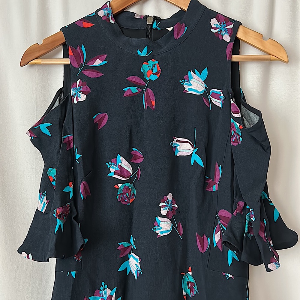 Rebecca Taylor Beautiful Cold Shoulder Navy Blue Floral Bellflower Dress *Sz 8* - Picture 4 of 5
